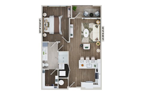 Floor plan for 1 bed, 1 bath, 756 sqft